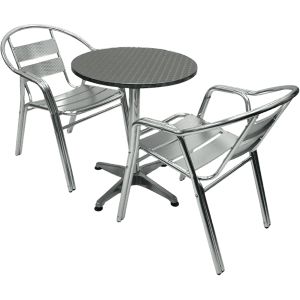 Bistro set of tables and chairs. 2 chairs either side of the table.