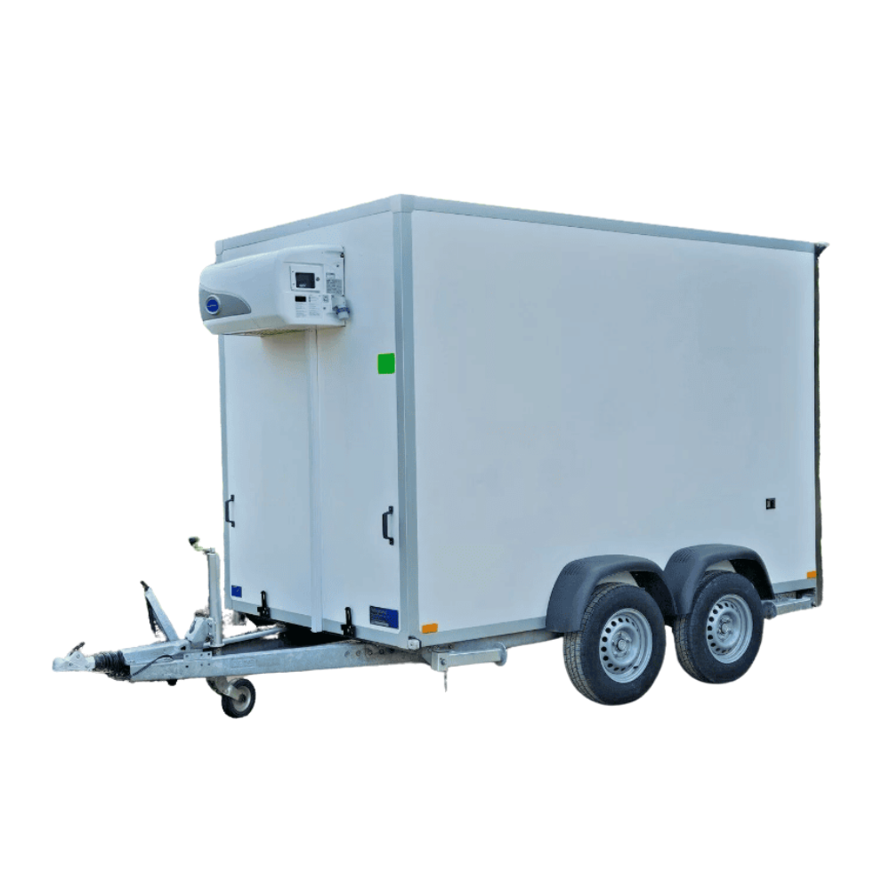 Mobile fridge trailer for hire on a white background