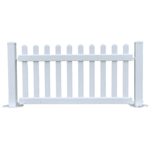 1.8m Pannel of white picket fencing with 2 legs, one either side of the picket fencing pannel.